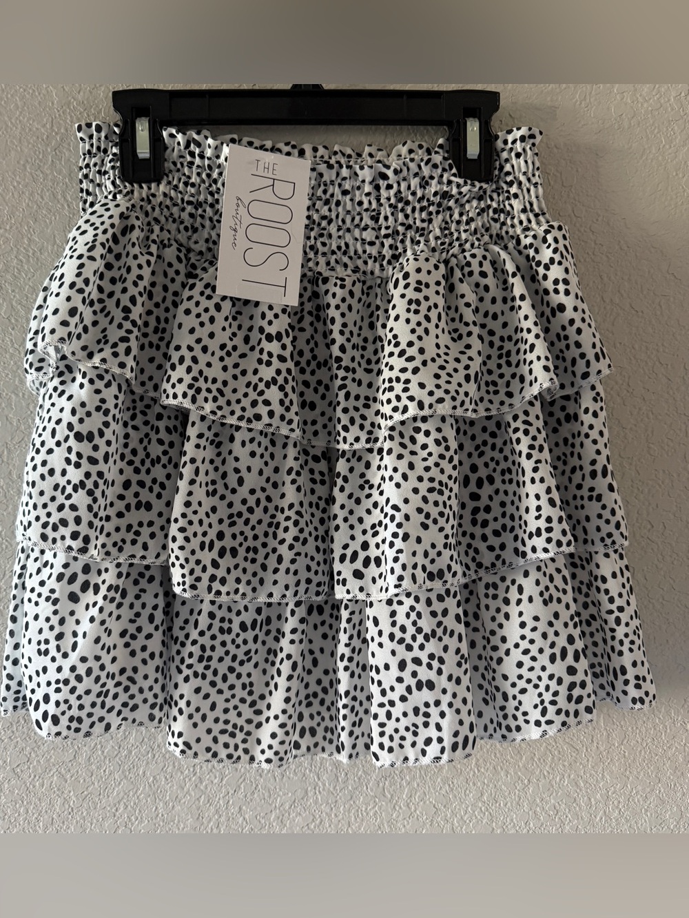 NWT The Roost Boutique Dalmatian Spot Smocked Tiered Mini Skirt Small